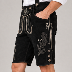 Edelweiss Embroidered Men's Bavarian Lederhosen - Black - Side Buttons - image 4