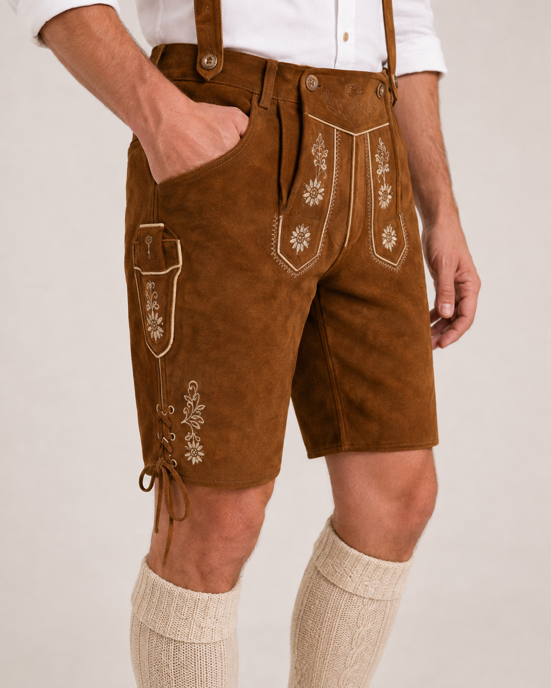 Edelweiss Embroidered Men's Bavarian Lederhosen - Rustic Brown - Side Lacing - image 4