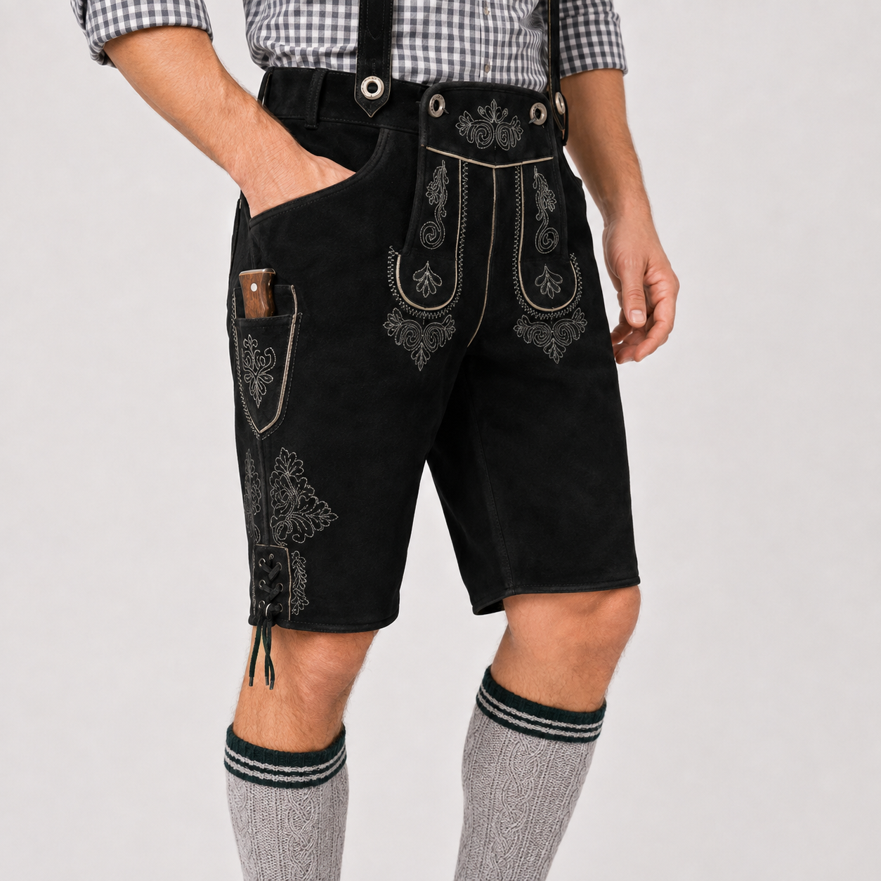 Oak Leaf Embroidered Men's Bavarian Lederhosen - Black - Side Lacing - image 4