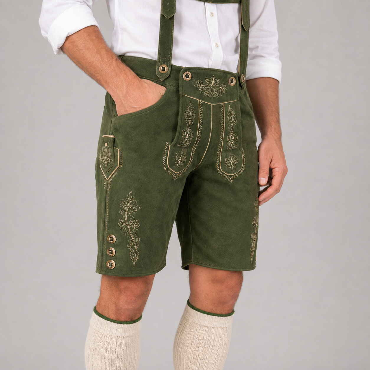 Oak Leaf Embroidered Men's Bavarian Lederhosen - Green - Side Buttons - image 4