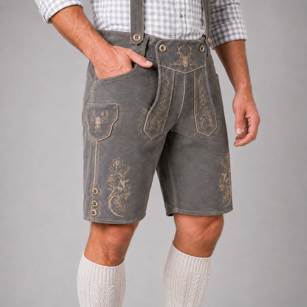 Stag Embroidered Men's Bavarian Lederhosen - Grey - Side Lacing - product image 4