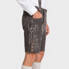 Stag Embroidered Men's Bavarian Lederhosen - Grey - Side Buttons - image 4