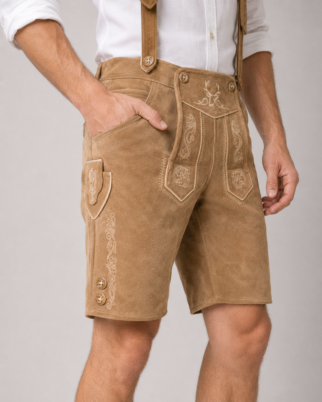 Oak Leaf Embroidered Men's Bavarian Lederhosen - Tan/Beige - Side Buttons - image 4