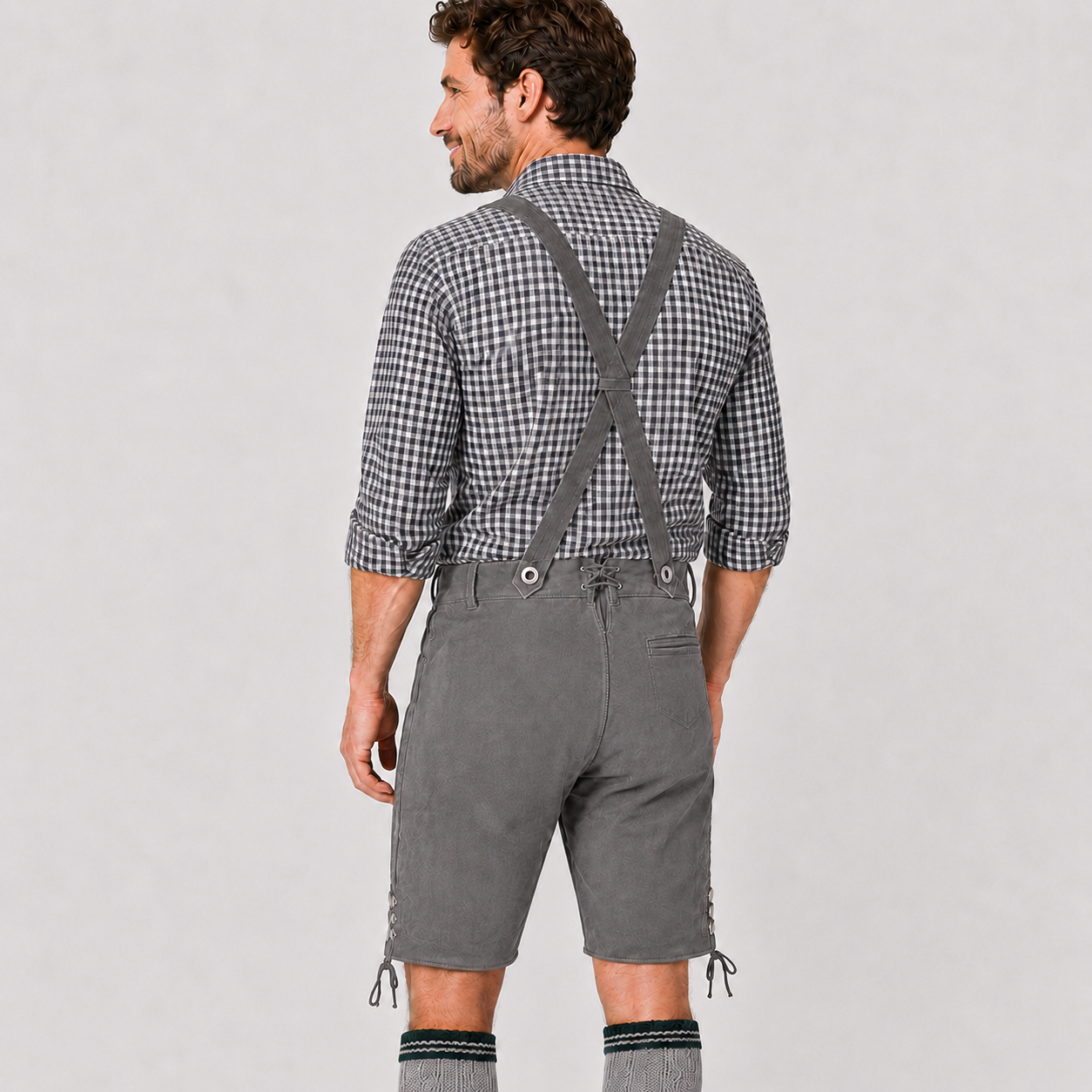 Oak Leaf Embroidered Men's Bavarian Lederhosen - Grey - Side Lacing