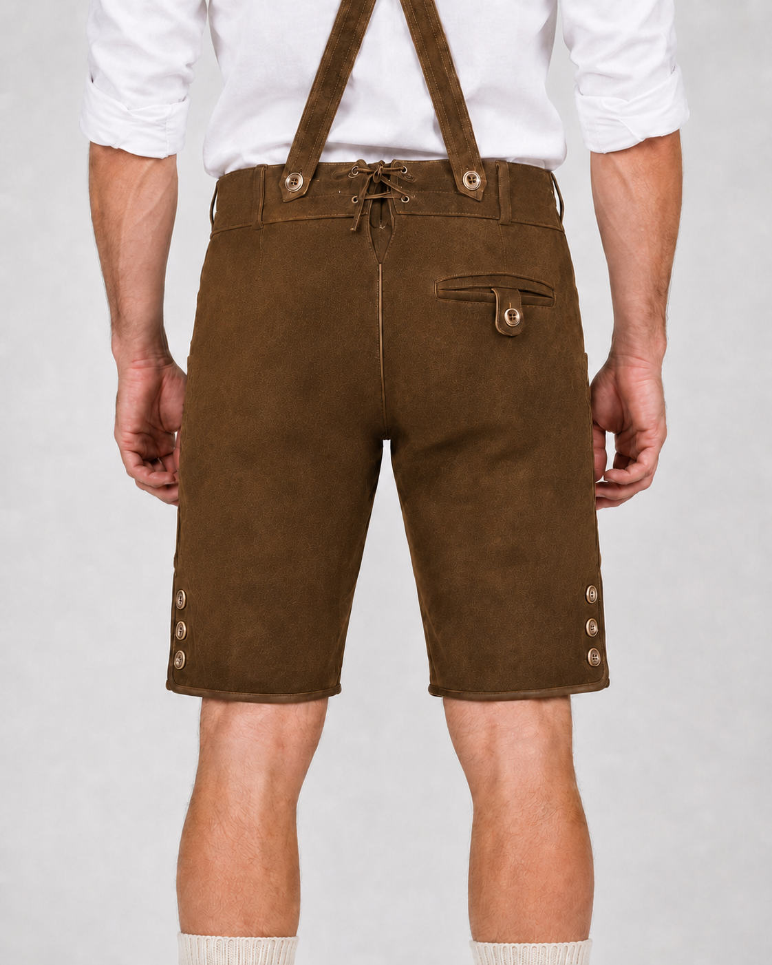 Oak Leaf Embroidered Men's Bavarian Lederhosen - Rustic Brown - Side Buttons