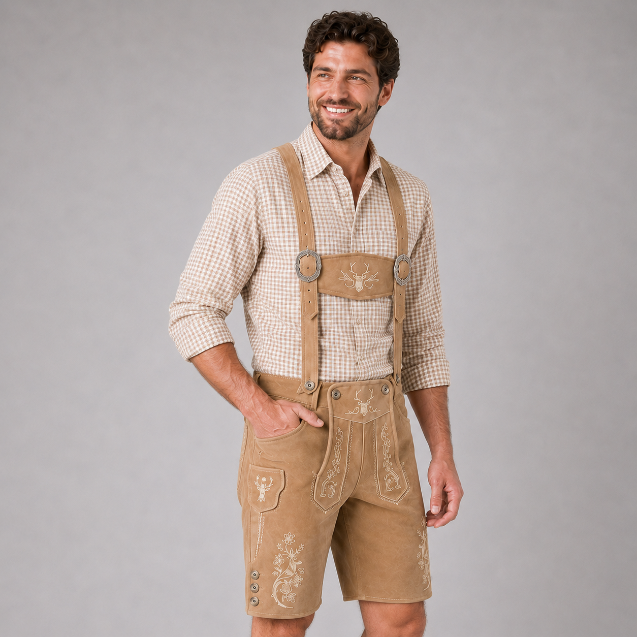 Stag Embroidered Men's Bavarian Lederhosen - Tan/Beige - Side Lacing - product image 4