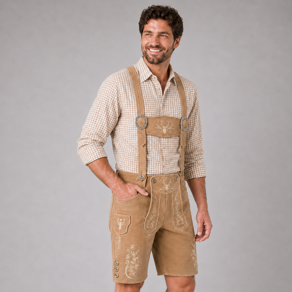 Stag Embroidered Men's Bavarian Lederhosen - Tan/Beige - Side Lacing - product image 4
