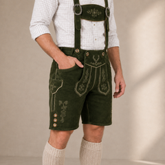 Stag Embroidered Men's Bavarian Lederhosen - Green - Side Buttons - image 4