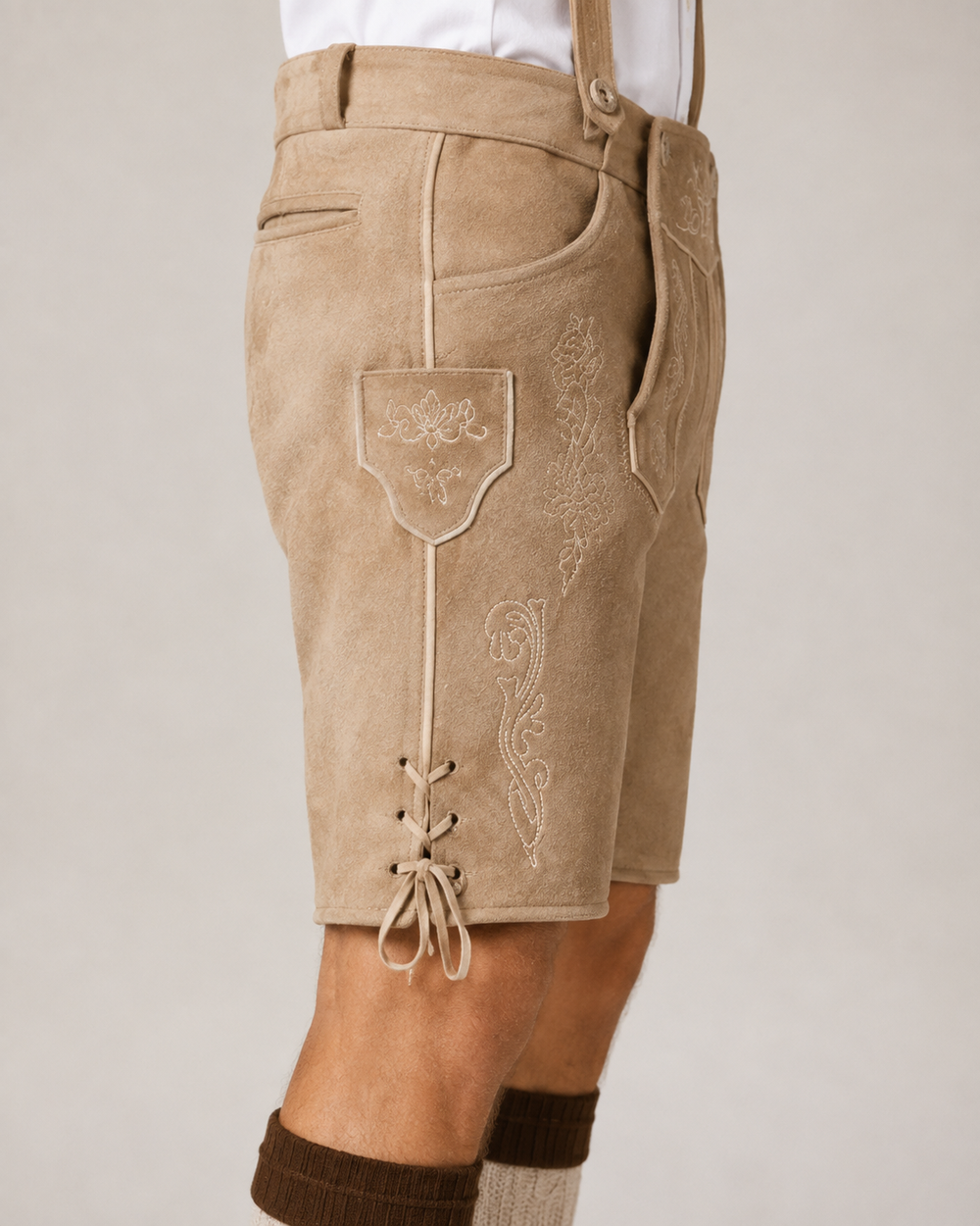 Oak Leaf Embroidered Men's Bavarian Lederhosen - Tan/Beige - Side Lacing - image 4