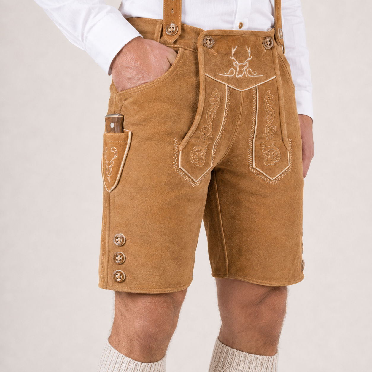 Stag Embroidered Men's Bavarian Lederhosen - Tan/Beige - Side Buttons - image 4