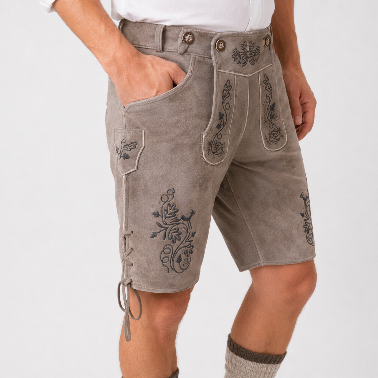 Oak Leaf Embroidered Men's Bavarian Lederhosen - Grey - Side Lacing - image 4