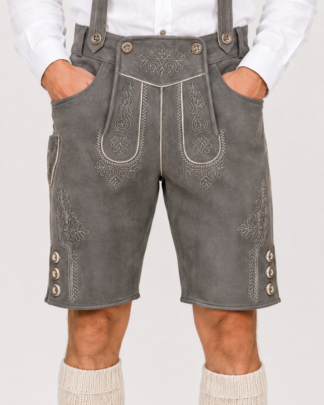 Oak Leaf Embroidered Men's Bavarian Lederhosen - Grey - Side Buttons - image 4