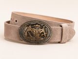 Men's Light Taupe Suede Bavarian Lederhosen Belt - Crowned Bavarian Lion Crest Oval Buckle - product image 2