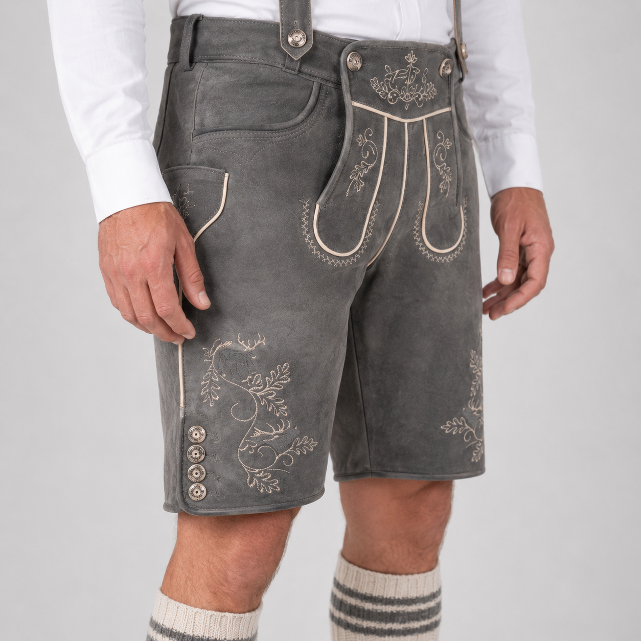 Edelweiss Embroidered Men's Bavarian Lederhosen - Grey - Side Buttons - image 5