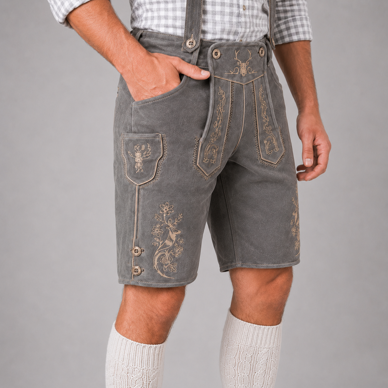 Stag Embroidered Men's Bavarian Lederhosen - Grey - Side Lacing - product image 5