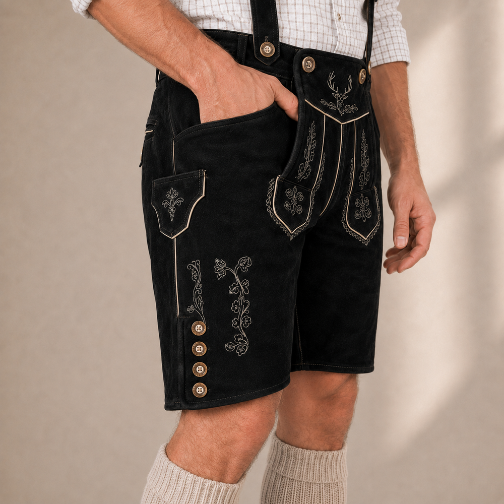 Stag Embroidered Men's Bavarian Lederhosen - Black - Side Buttons - product image 5