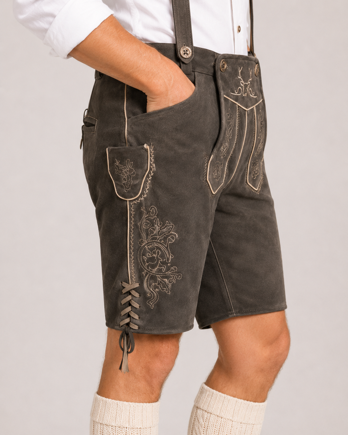 Stag Embroidered Men's Bavarian Lederhosen - Grey - Side Lacing - image 5