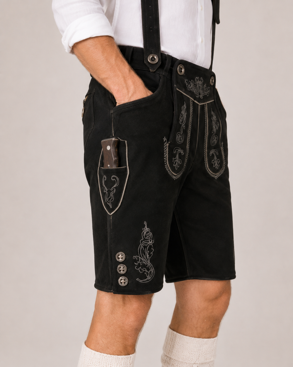 Oak Leaf Embroidered Men's Bavarian Lederhosen - Black - Side Buttons - image 5