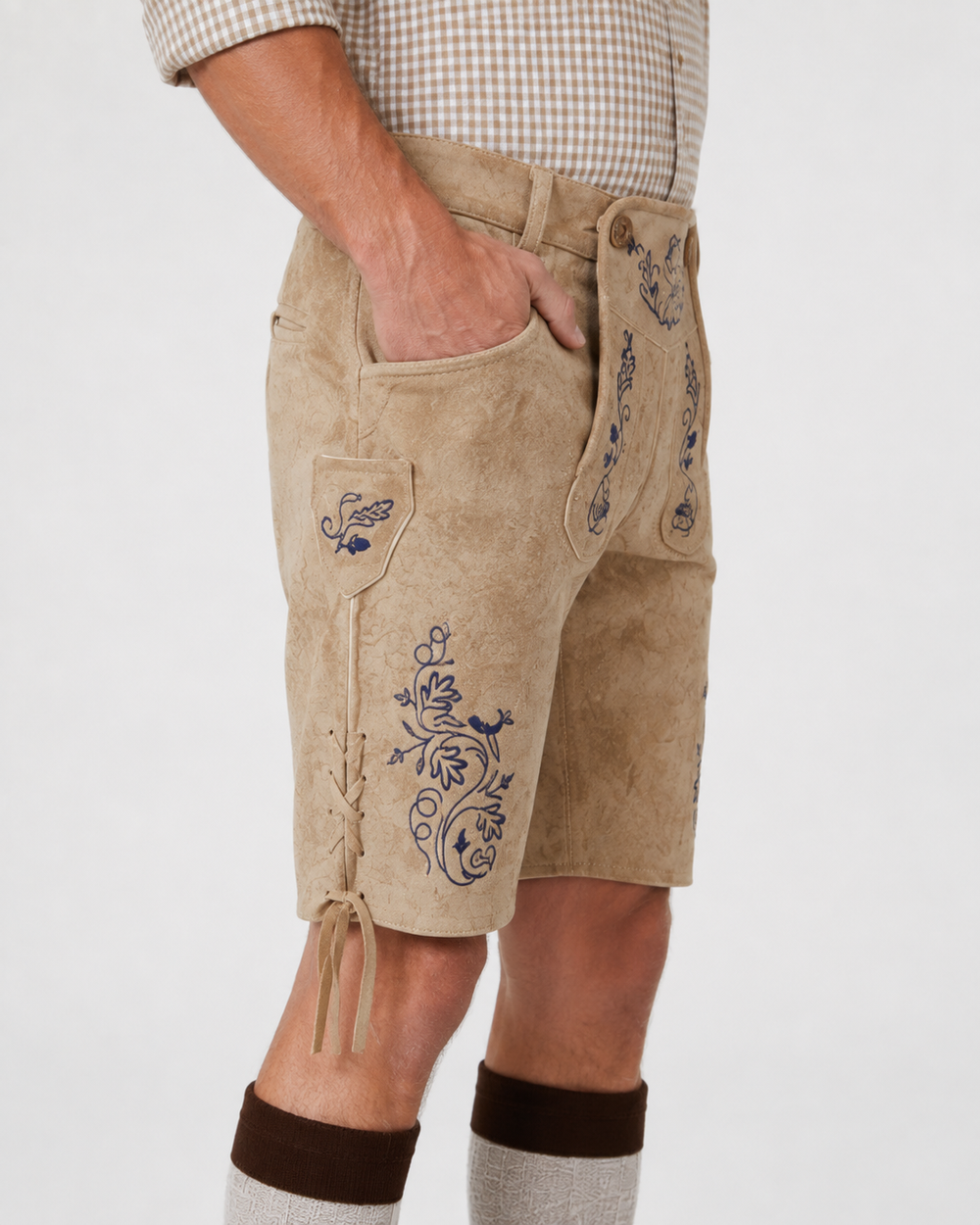 Edelweiss Embroidered Men's Bavarian Lederhosen - Tan/Beige - Side Lacing - image 5