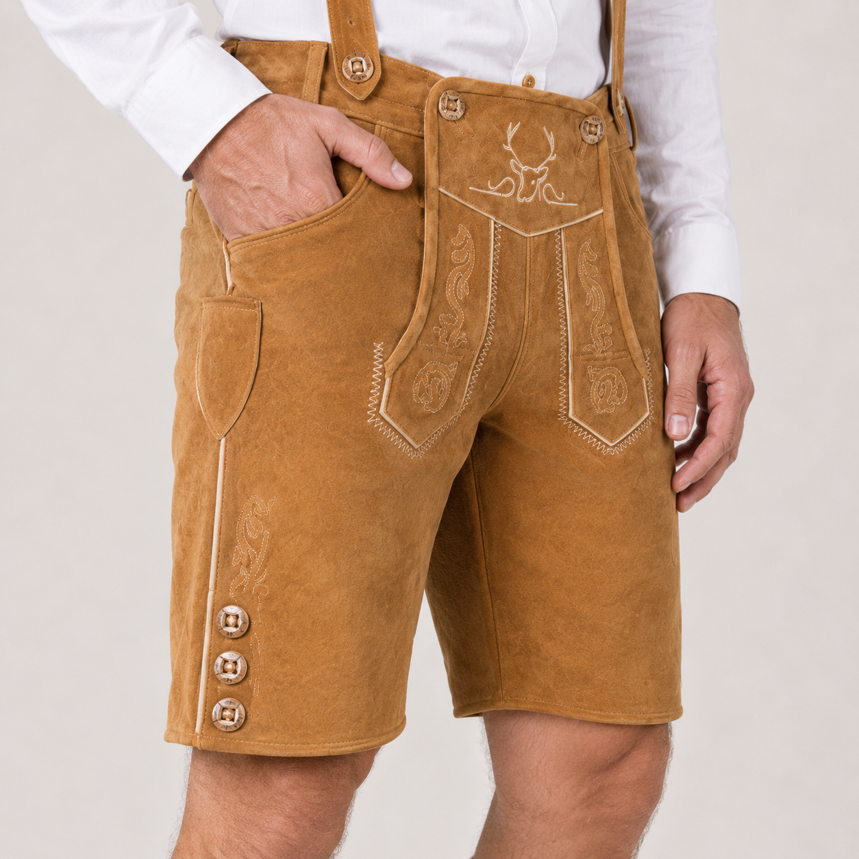 Stag Embroidered Men's Bavarian Lederhosen - Tan/Beige - Side Buttons - image 5