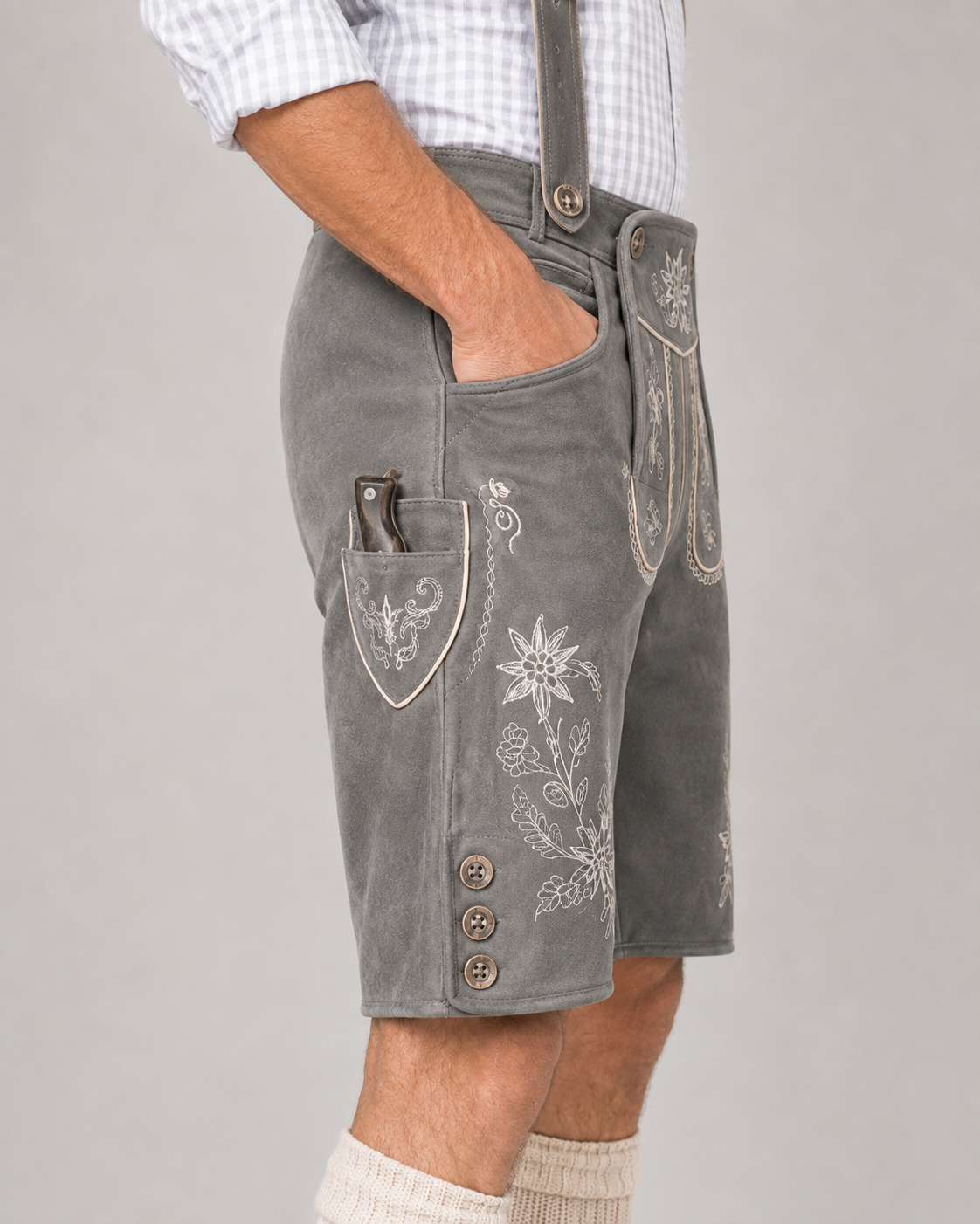 Edelweiss Embroidered Men's Bavarian Lederhosen - Grey - Side Buttons - product image 5