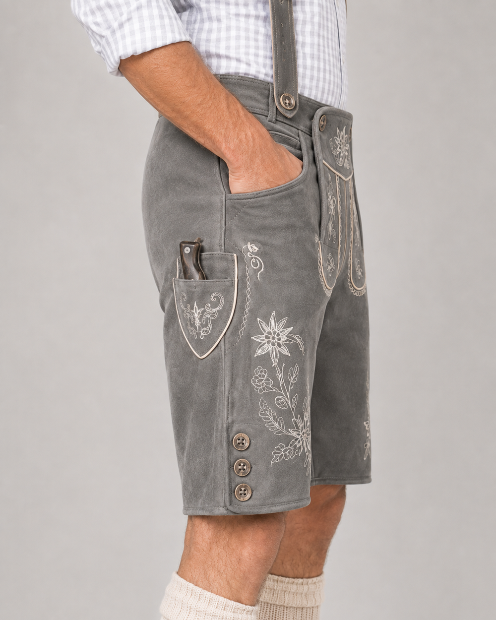 Edelweiss Embroidered Men's Bavarian Lederhosen - Grey - Side Buttons - product image 5