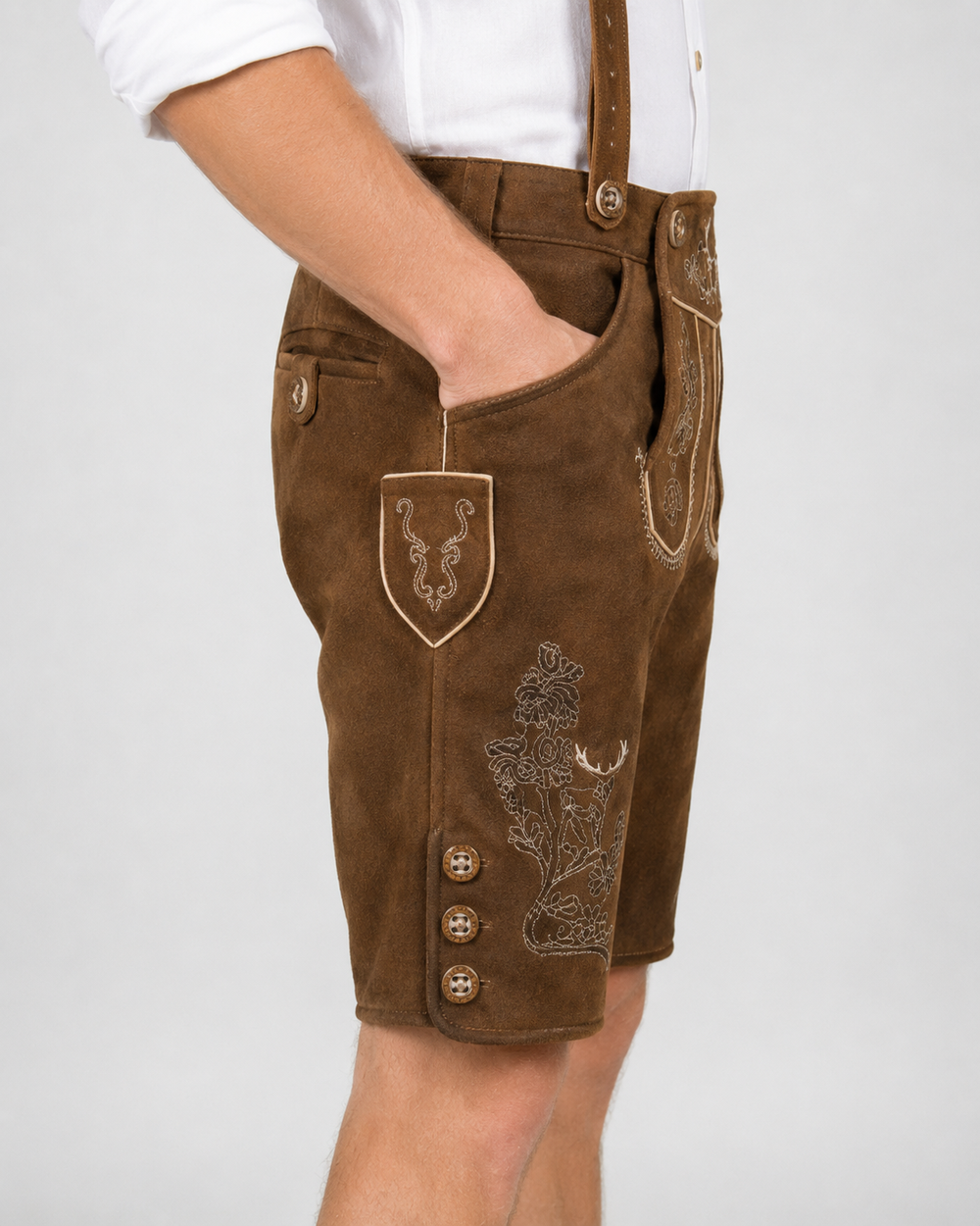 Oak Leaf Embroidered Men's Bavarian Lederhosen - Rustic Brown - Side Buttons - image 5