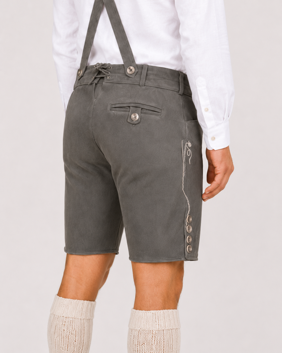 Oak Leaf Embroidered Men's Bavarian Lederhosen - Grey - Side Buttons - image 5