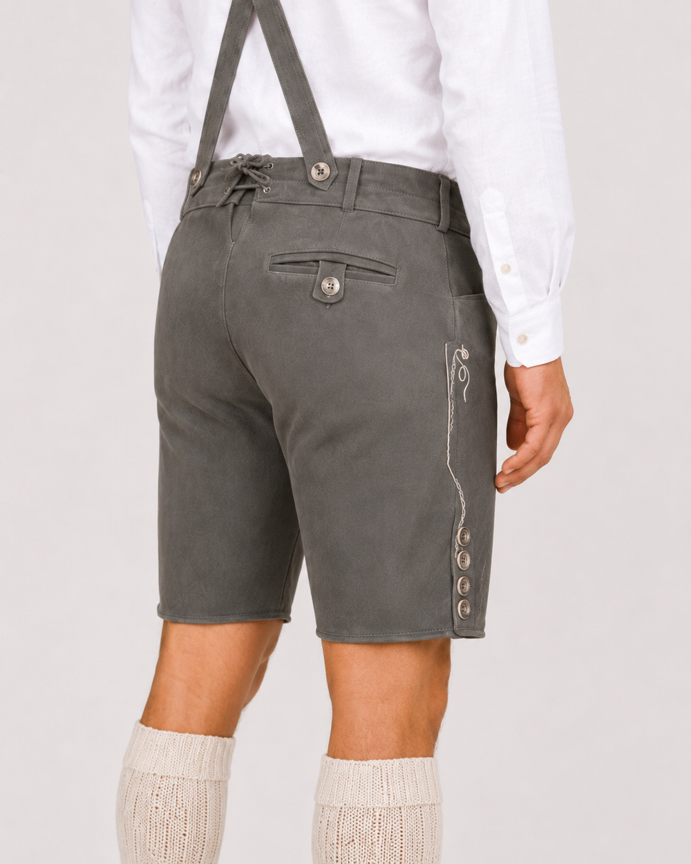 Oak Leaf Embroidered Men's Bavarian Lederhosen - Grey - Side Buttons - image 5