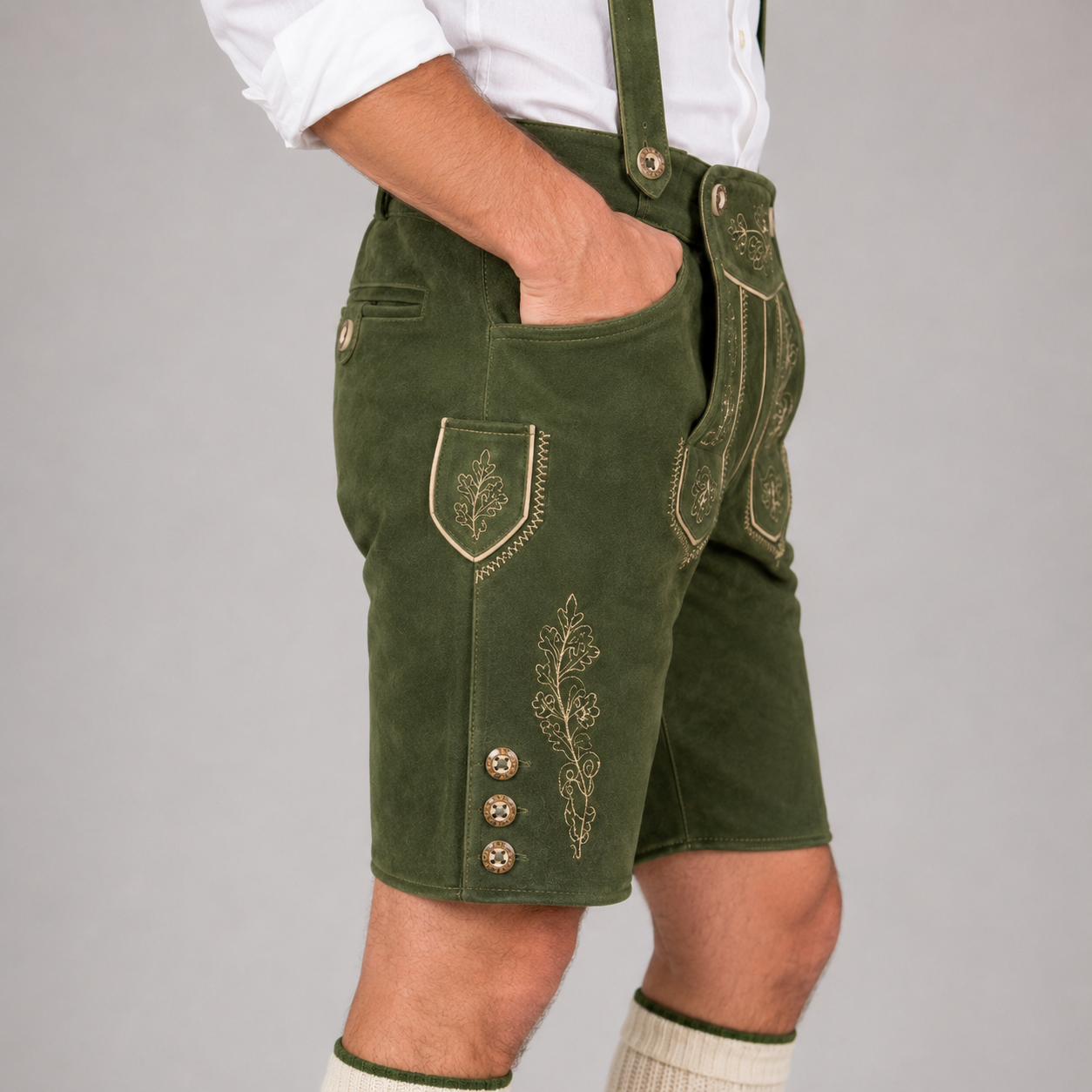 Oak Leaf Embroidered Men's Bavarian Lederhosen - Green - Side Buttons - image 5
