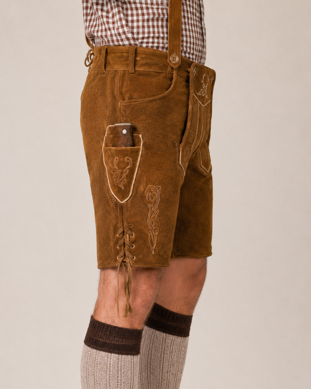 Oak Leaf Embroidered Men's Bavarian Lederhosen - Rustic Brown - Side Lacing - image 5