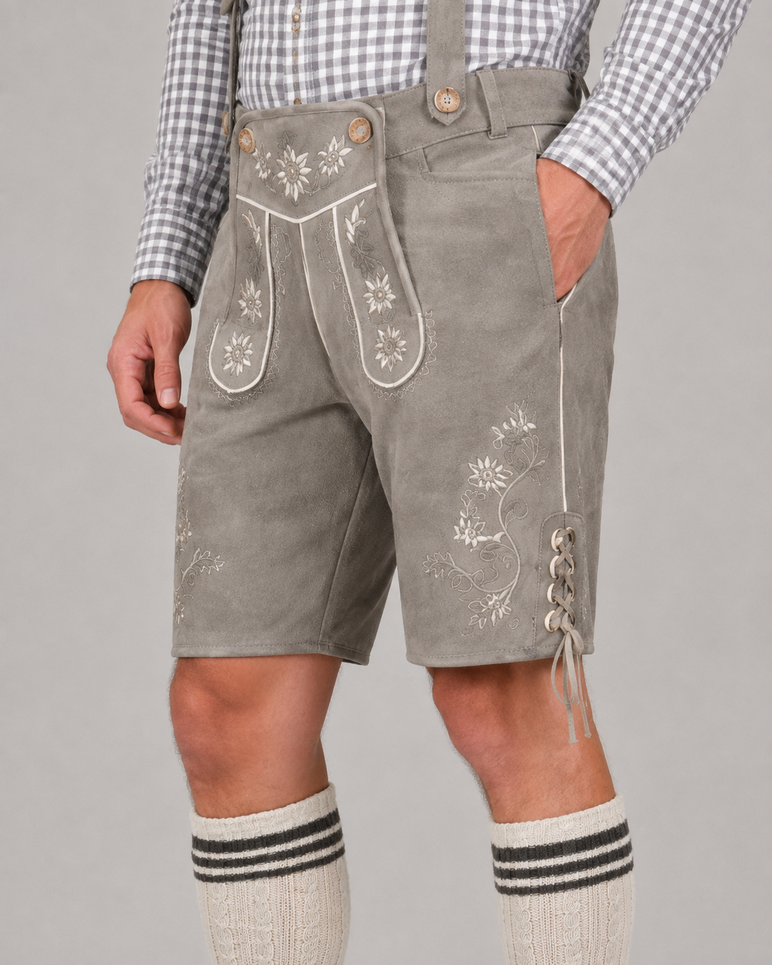 Edelweiss Embroidered Men's Bavarian Lederhosen - Grey - Side Lacing - image 5