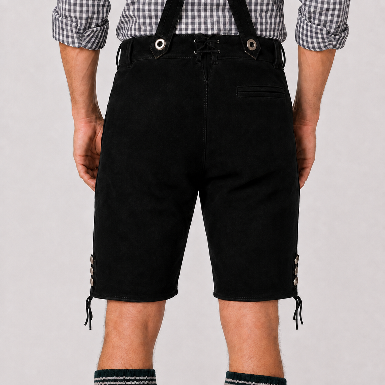Oak Leaf Embroidered Men's Bavarian Lederhosen - Black - Side Lacing