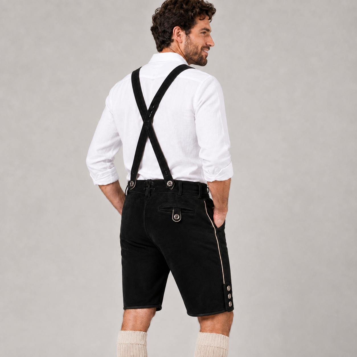 Edelweiss Embroidered Men's Bavarian Lederhosen - Black - Side Buttons
