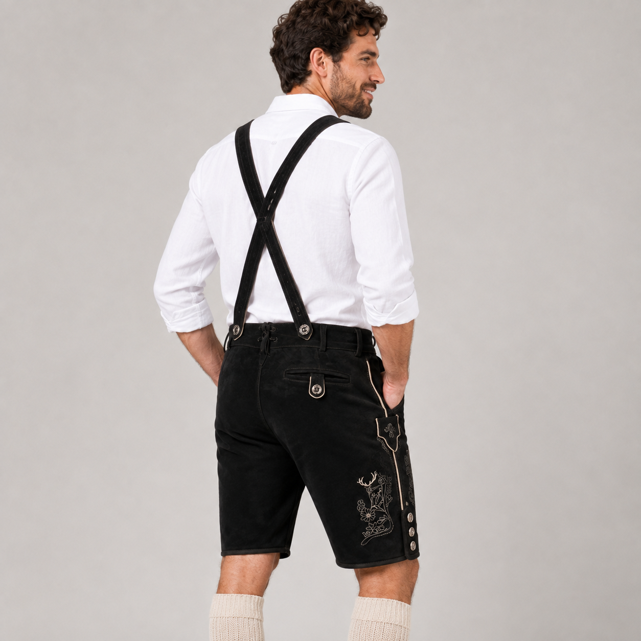Edelweiss Embroidered Men's Bavarian Lederhosen - Black - Side Buttons - image 5
