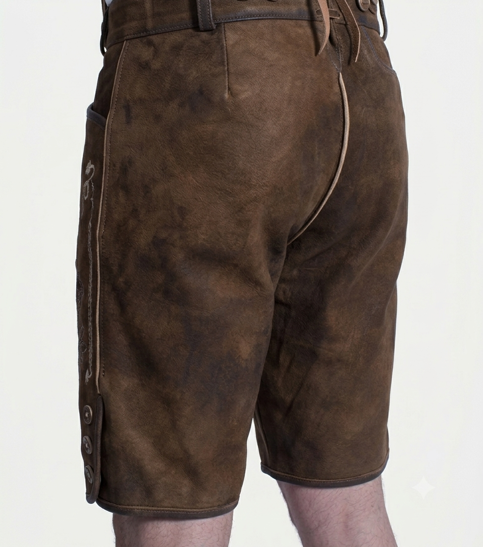 Stag Embroidered Men's Bavarian Lederhosen - Rustic Brown - Side Buttons - image 5