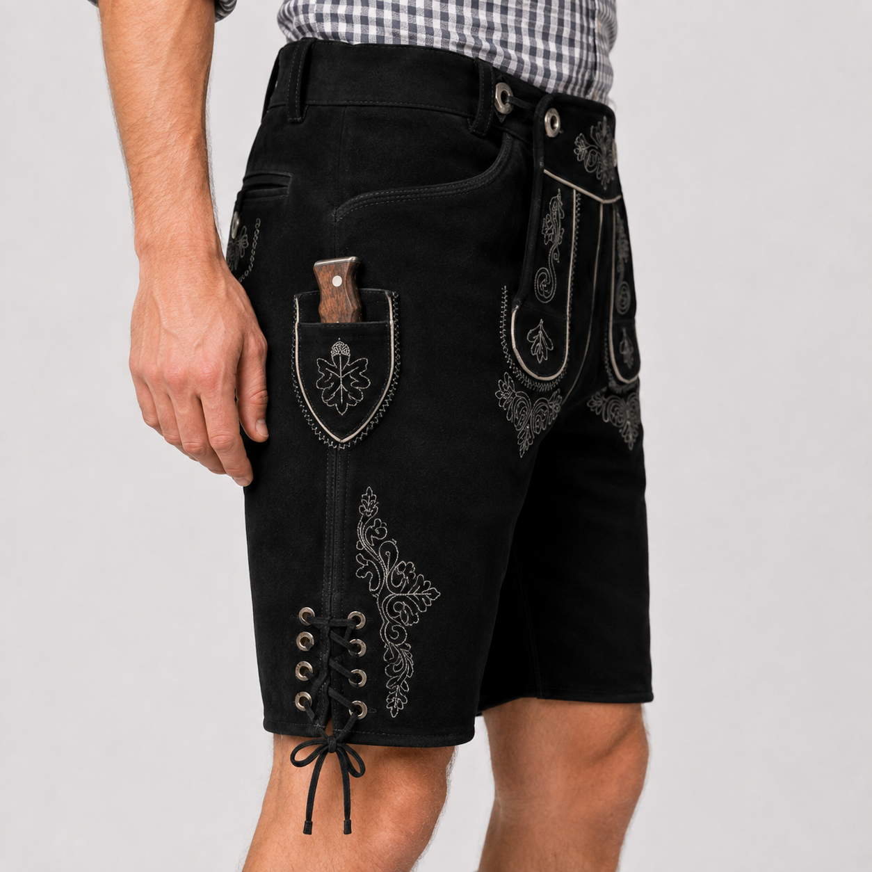 Oak Leaf Embroidered Men's Bavarian Lederhosen - Black - Side Lacing - image 5