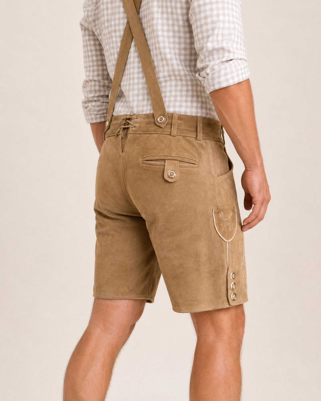 Edelweiss Embroidered Men's Bavarian Lederhosen - Tan/Beige - Side Buttons - image 5