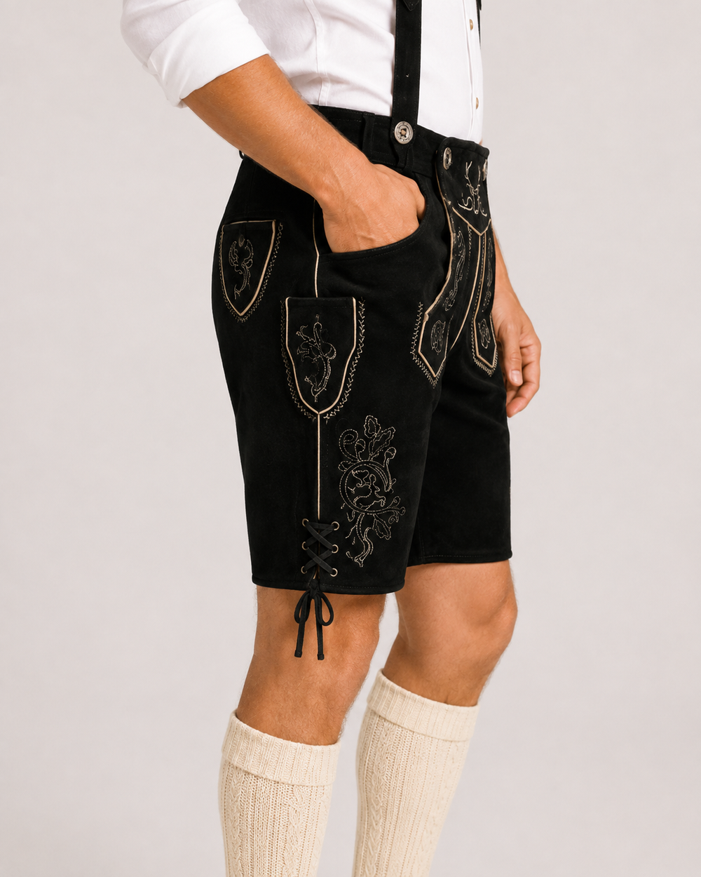 Stag Embroidered Men's Bavarian Lederhosen - Black - Side Lacing - image 5
