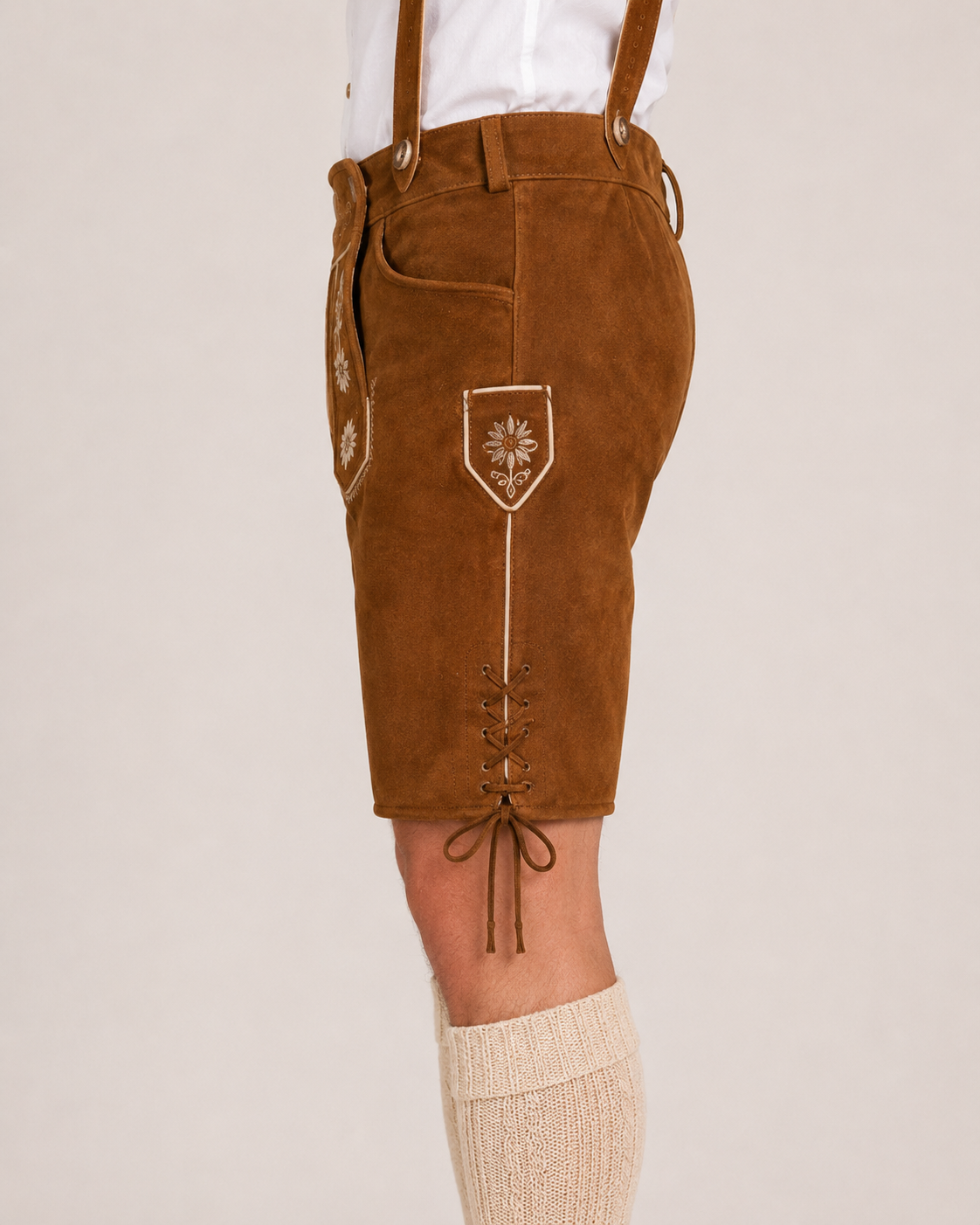 Edelweiss Embroidered Men's Bavarian Lederhosen - Rustic Brown - Side Lacing - image 5