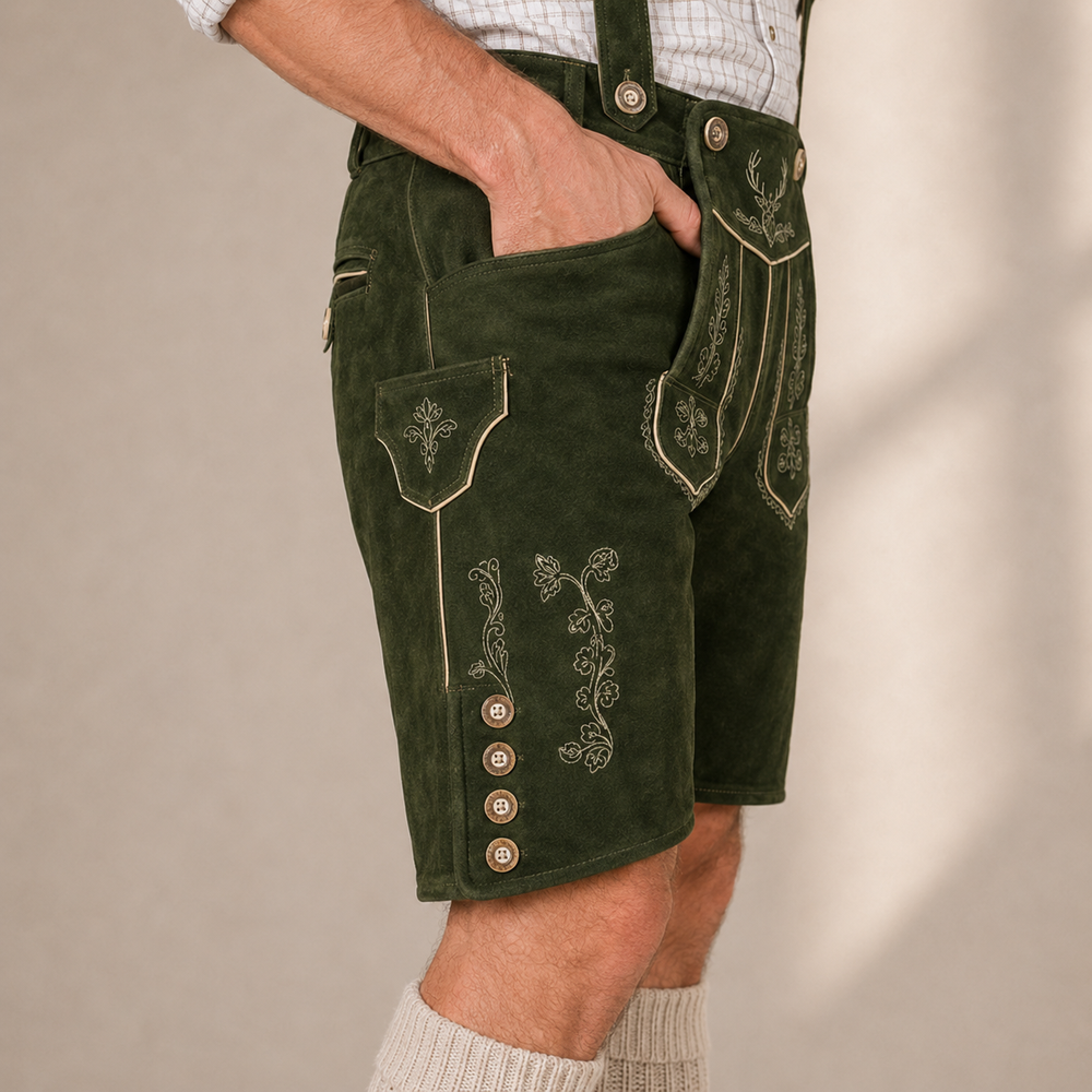 Stag Embroidered Men's Bavarian Lederhosen - Green - Side Buttons - image 5