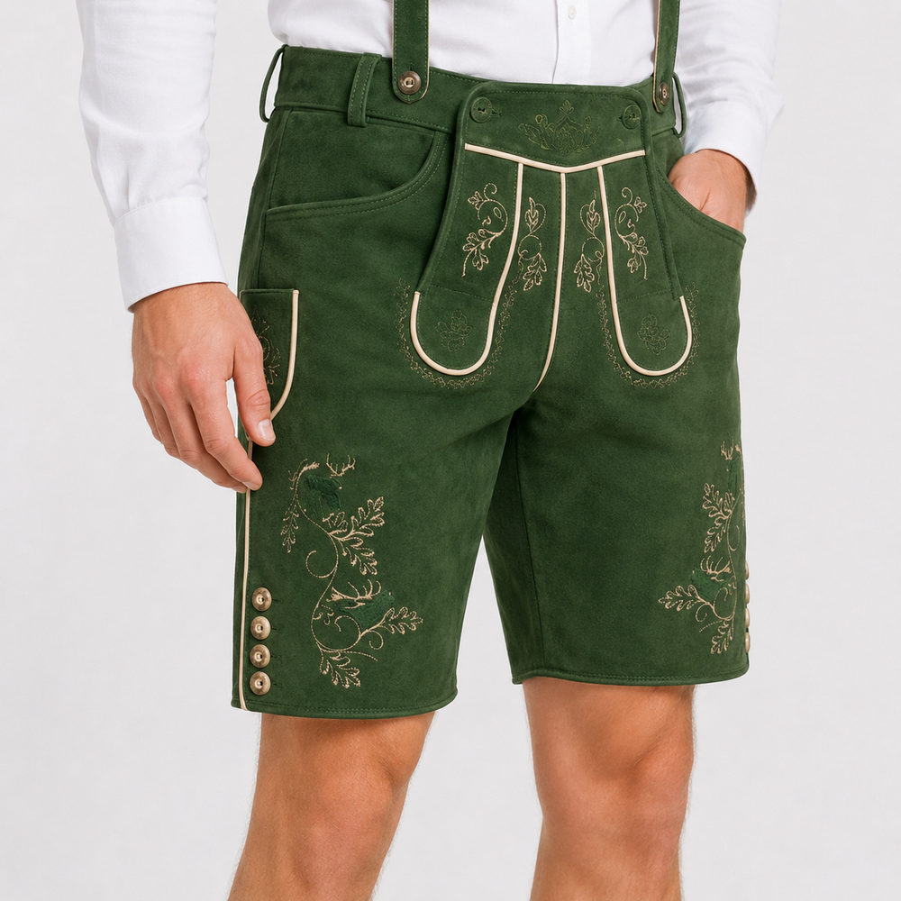 Edelweiss Embroidered Men's Bavarian Lederhosen - Green - Side Buttons - image 5