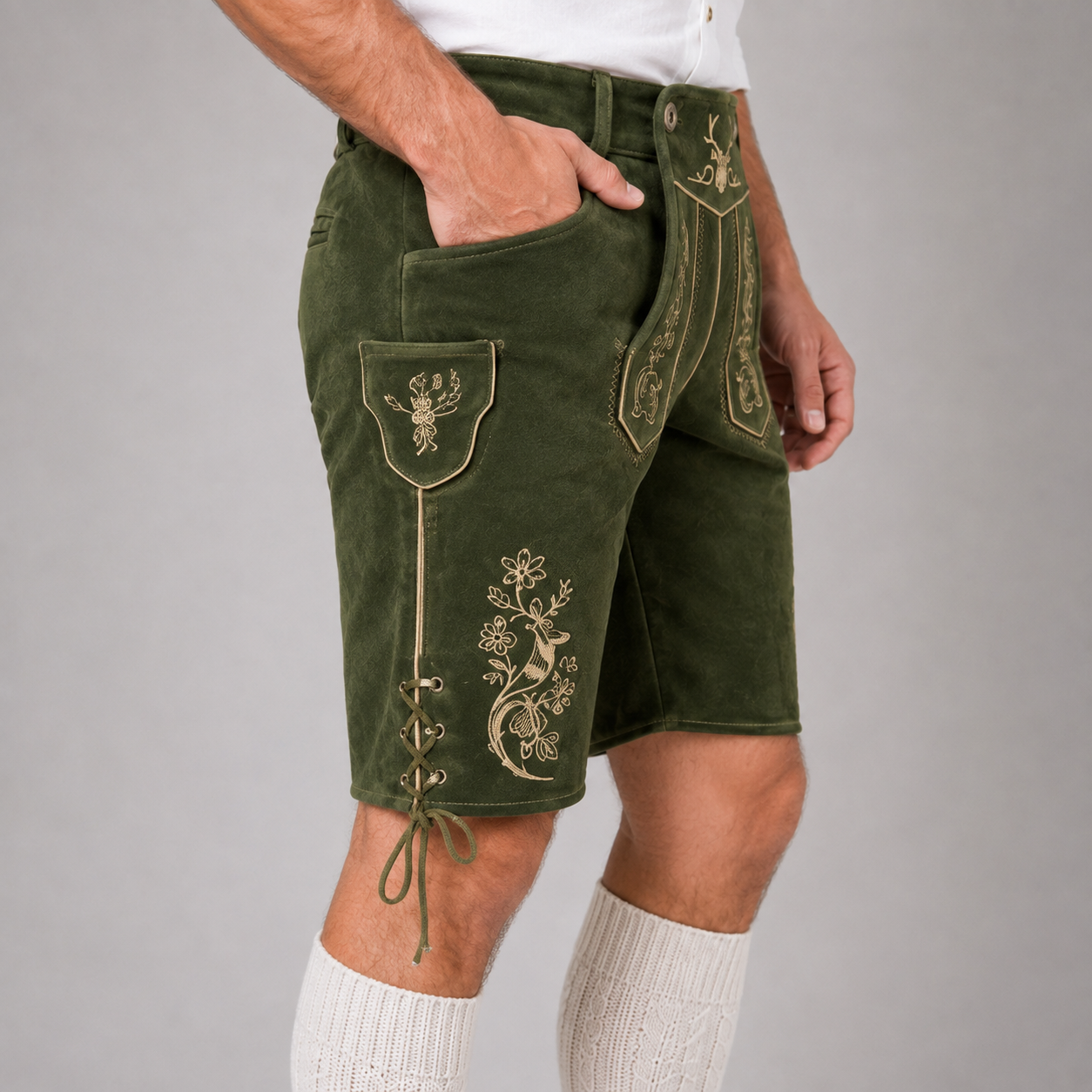 Stag Embroidered Men's Bavarian Lederhosen - Green - Side Lacing - image 5