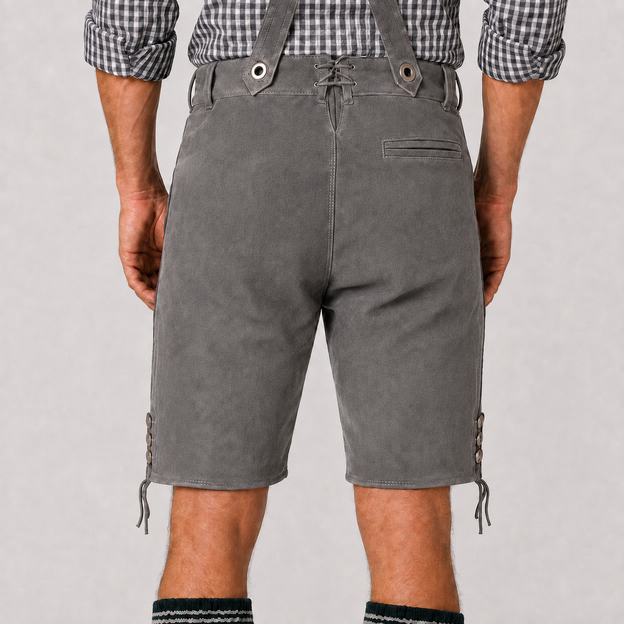 Oak Leaf Embroidered Men's Bavarian Lederhosen - Grey - Side Lacing