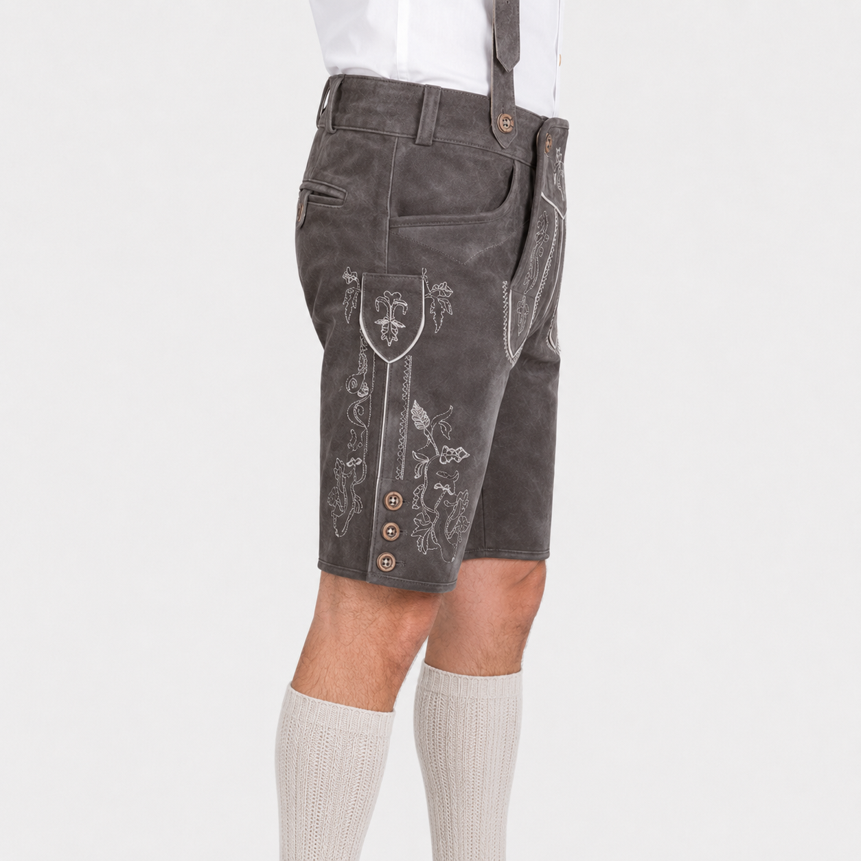 Stag Embroidered Men's Bavarian Lederhosen - Grey - Side Buttons - image 5