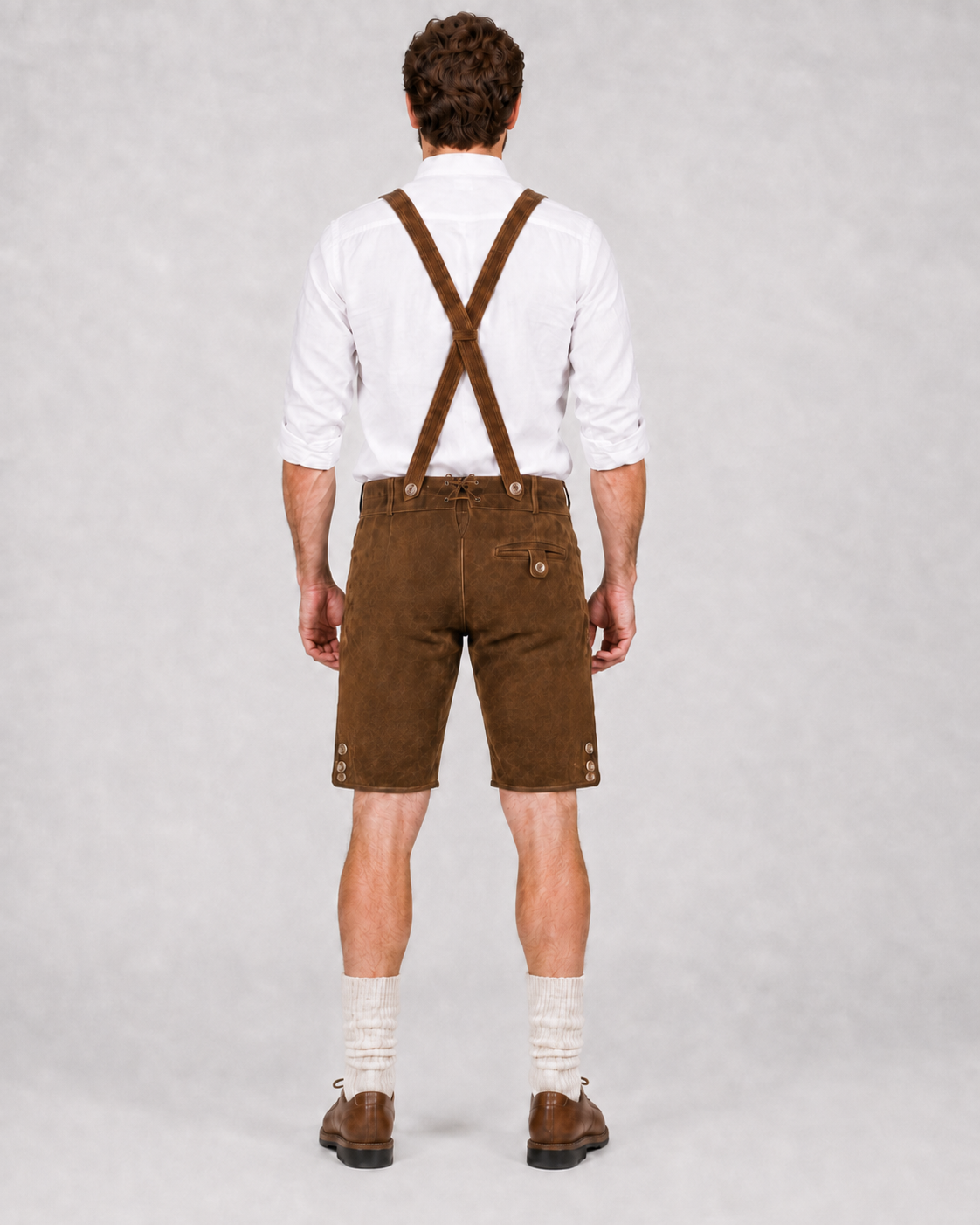 Oak Leaf Embroidered Men's Bavarian Lederhosen - Rustic Brown - Side Buttons