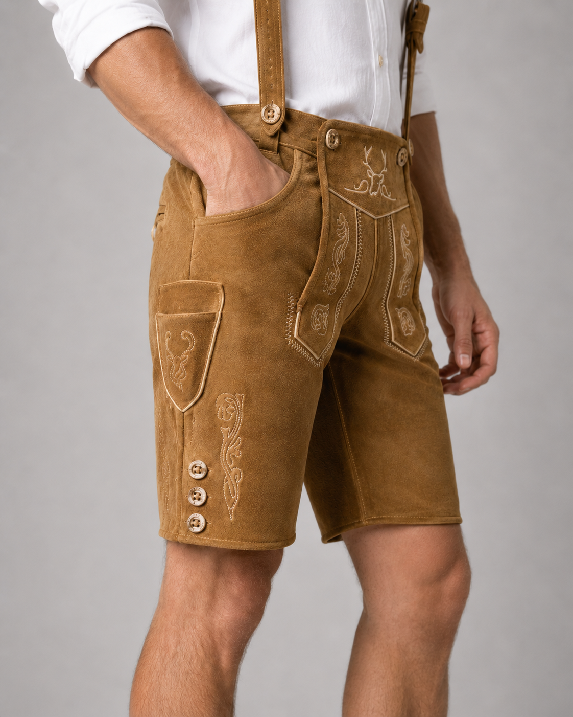 Oak Leaf Embroidered Men's Bavarian Lederhosen - Tan/Beige - Side Buttons - image 5