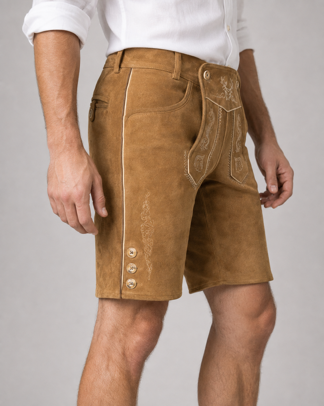 Oak Leaf Embroidered Men's Bavarian Lederhosen - Tan/Beige - Side Buttons - image 6