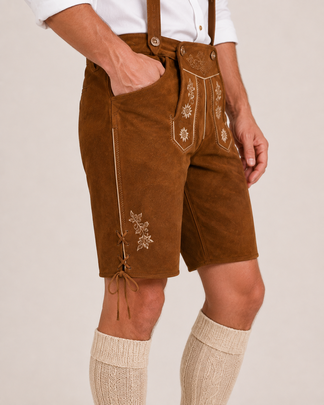Edelweiss Embroidered Men's Bavarian Lederhosen - Rustic Brown - Side Lacing - image 6