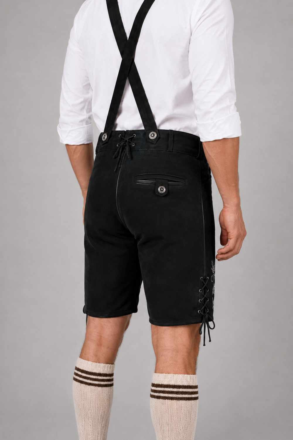 Edelweiss Embroidered Men's Bavarian Lederhosen - Black - Side Lacing - product image 6